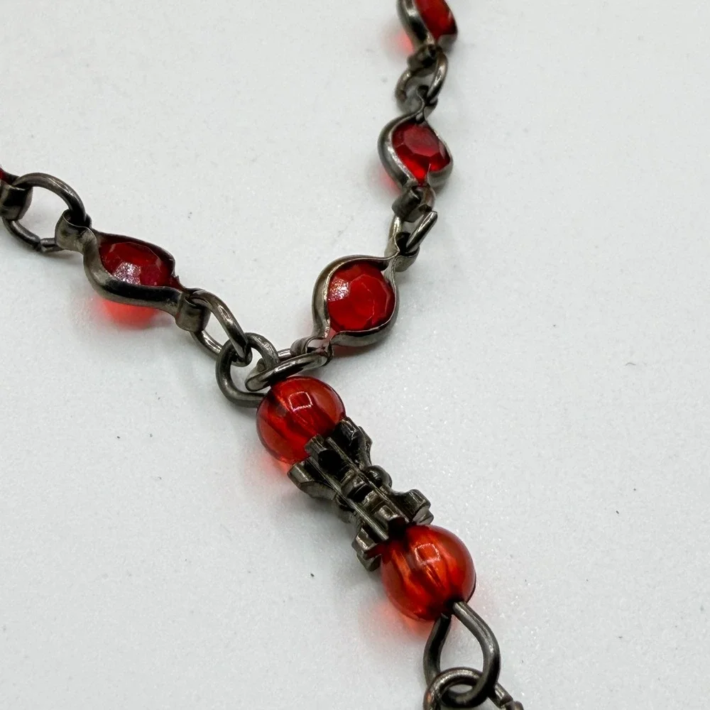 KOREN Red Crystal Y Drop Necklace Gunmetal Tone Gothic Victorian Statement Gift